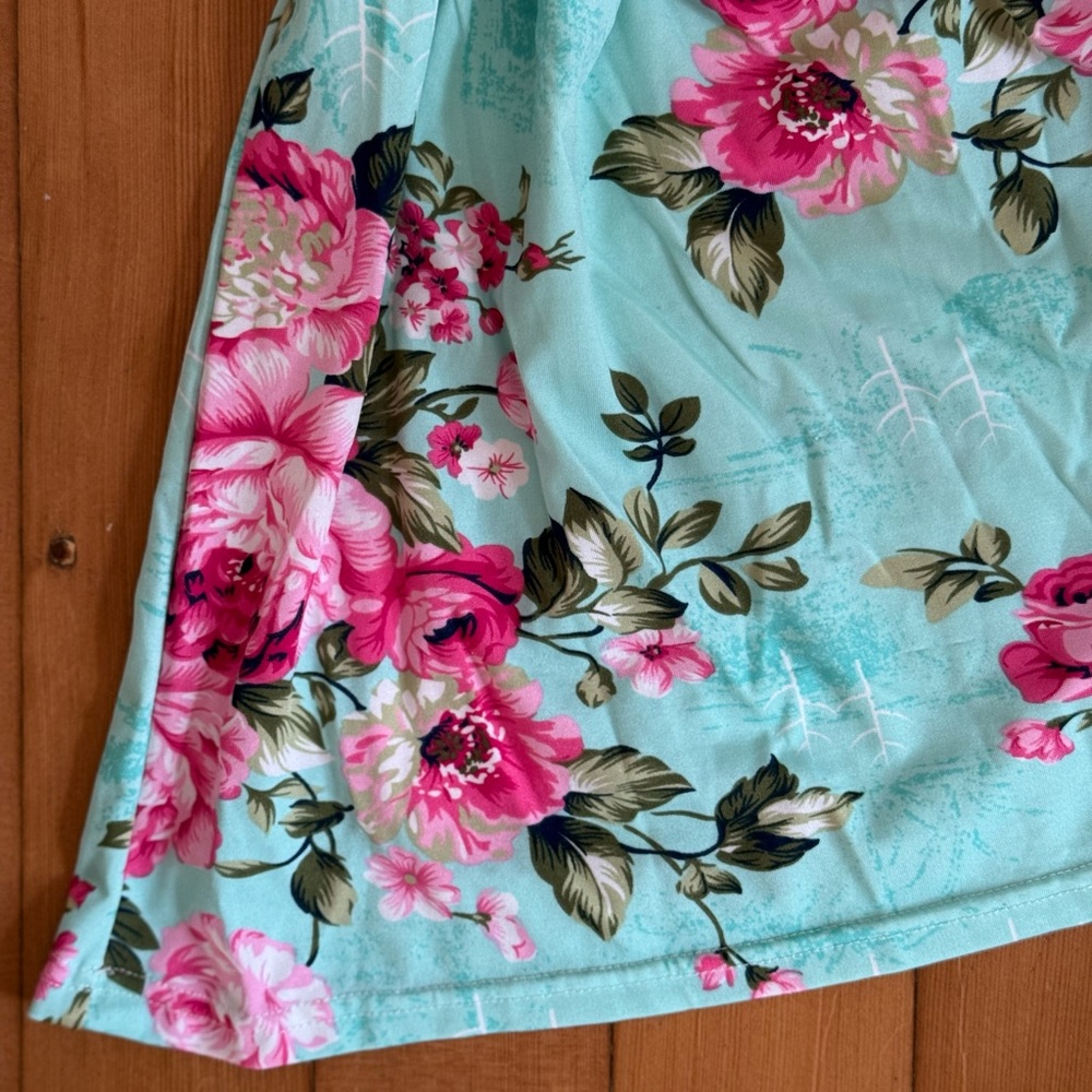 Kids Posh Peanuts Aqua and Pink Floral Off-Shoulder Dress - Picture 6 of 8